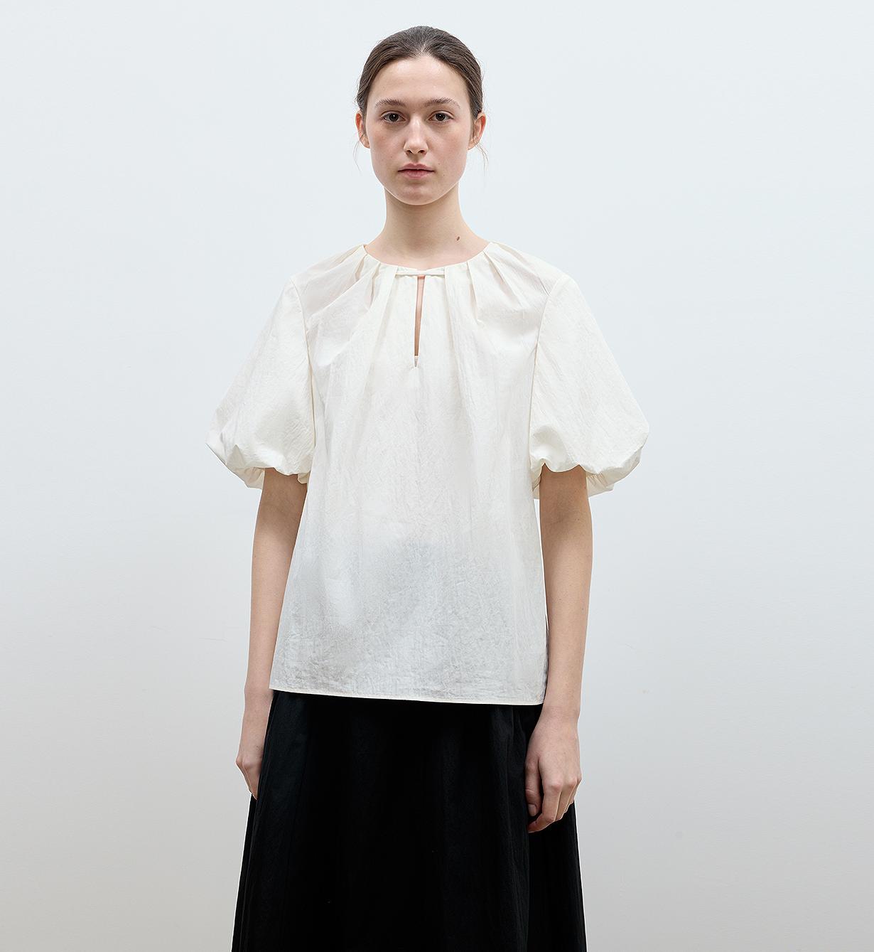"Iceland Diary" neckline pleated design round neck tie puff sleeve short sleeve shirt for women-1