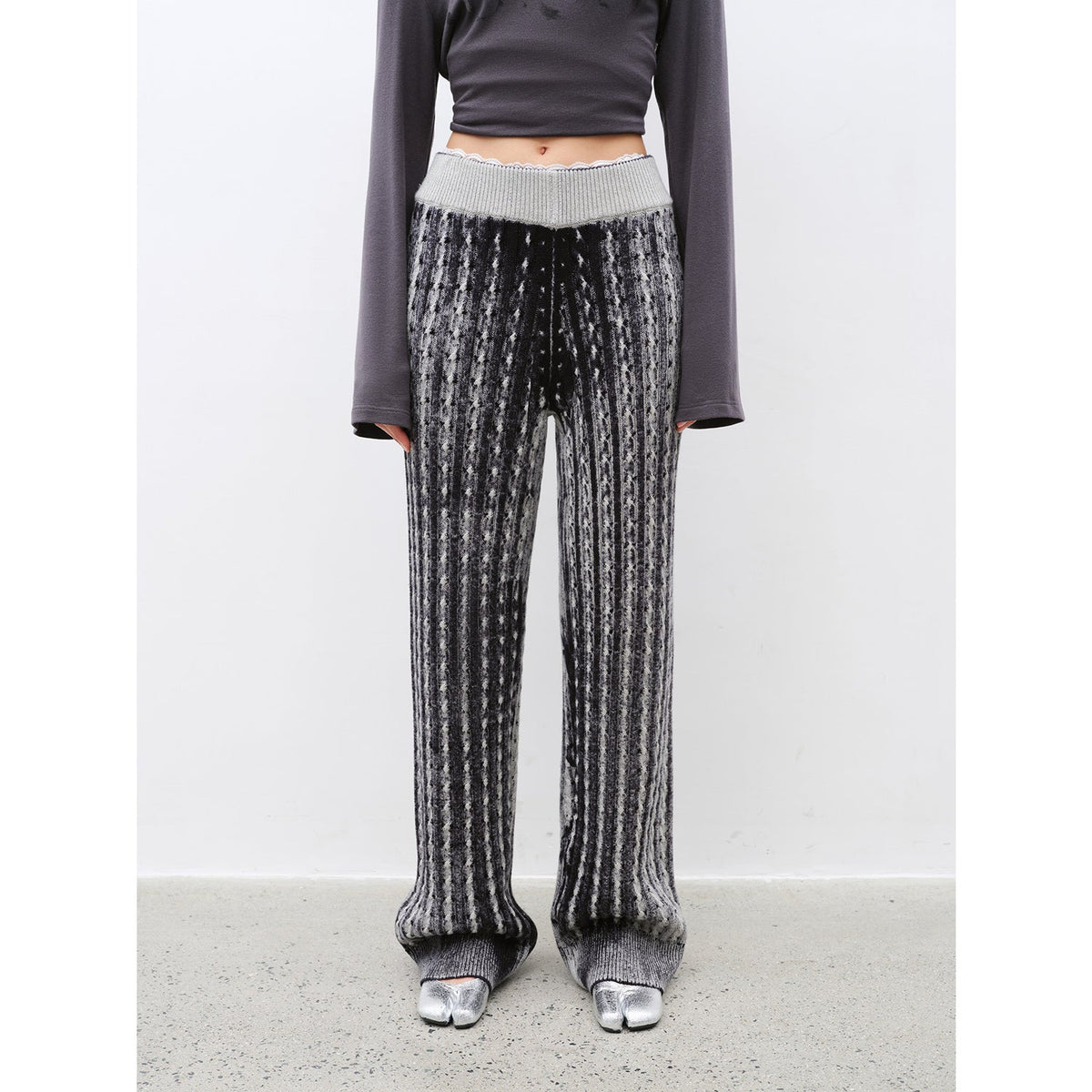 "Winter Date" fashionable slim silhouette permeation printing and dyeing process loose knitted straight pants-1