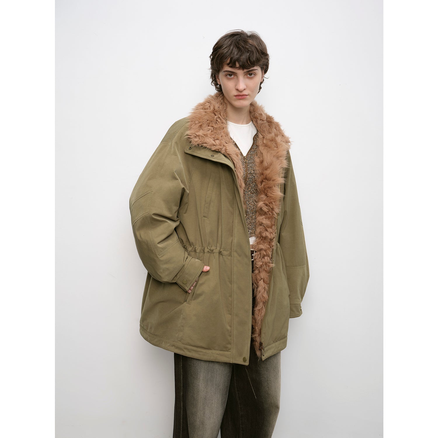 "Amber Pine Forest" fashionable Toka curly collar 90 goose down H-type drawstring mid-length parka down jacket-5