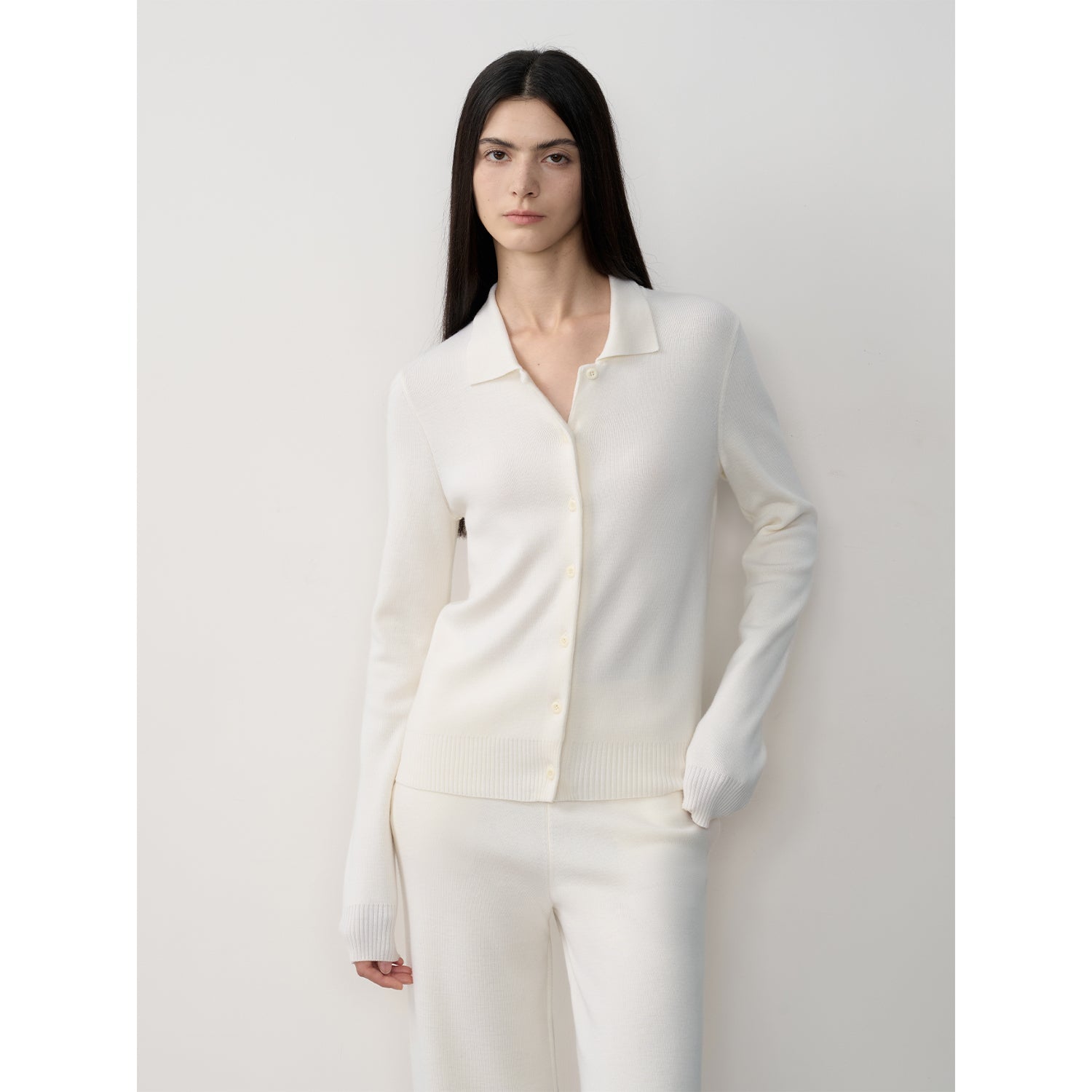"Lazy urban" Yangtze Merino wool polo-neck cardigan straight-leg knitted pants suit-0