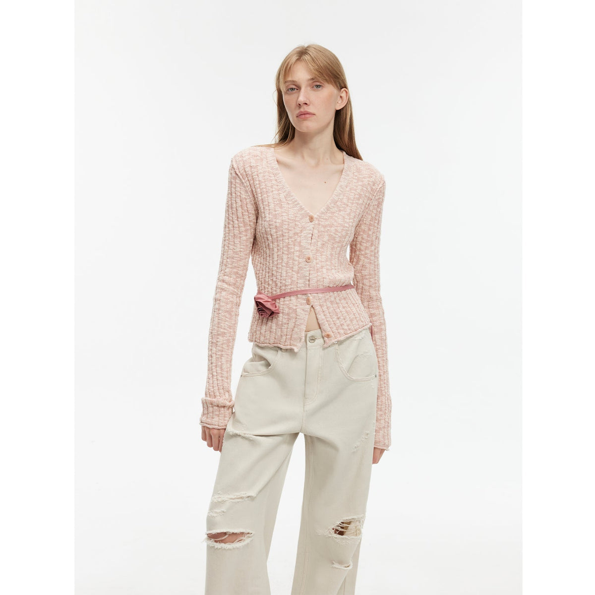 "Spring Grass Single" luxury brand same version cotton linen yarn V-neck slim pit short knitted cardigan-0