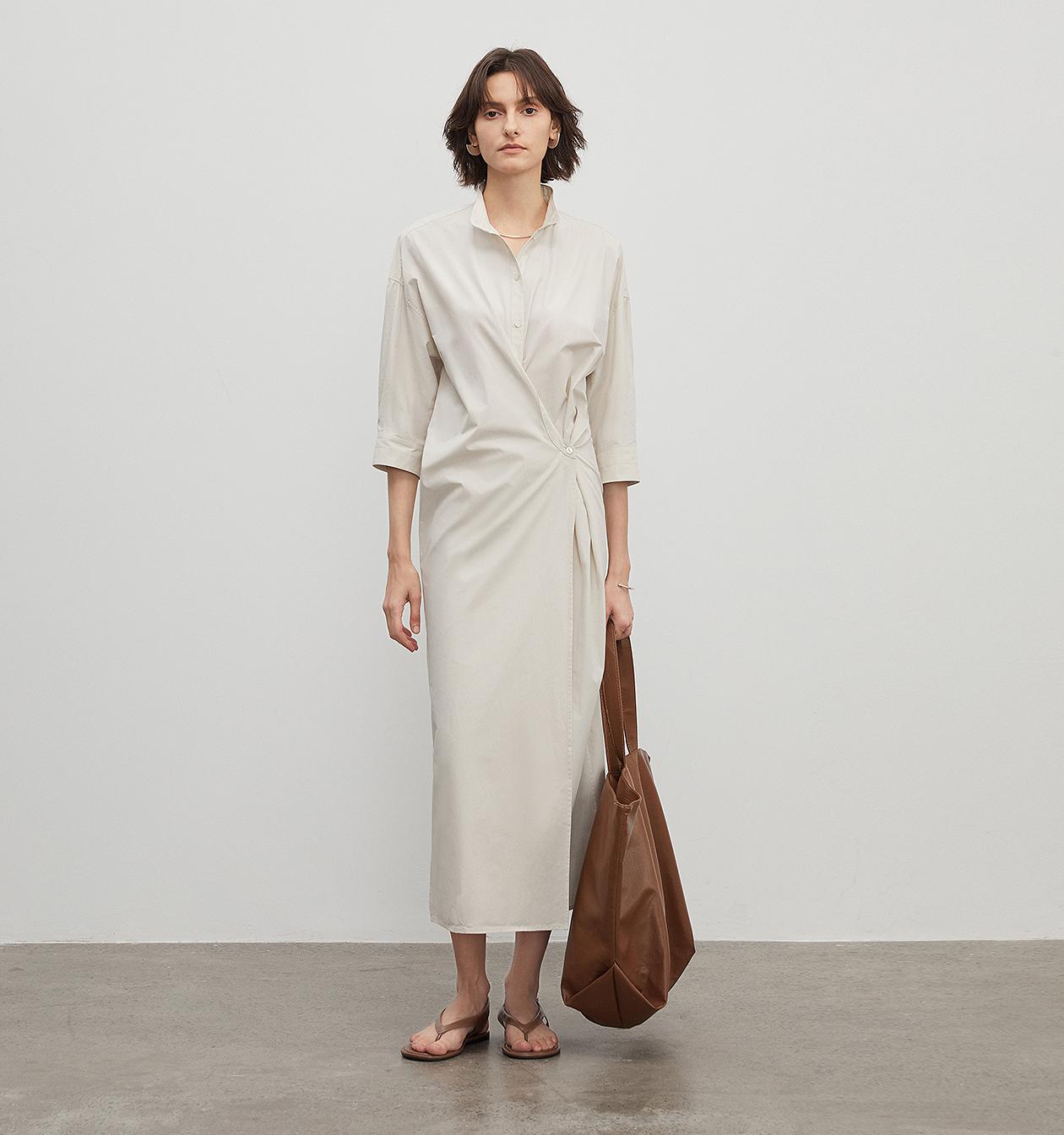 "Origami Narrative" Stand Collar Wrap Dress Women's Mid Sleeve Shirt Dress Long Dress-0