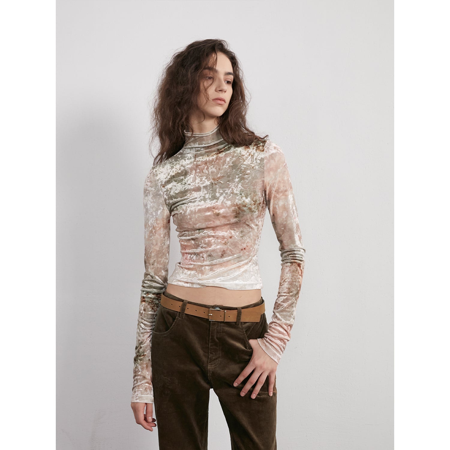 "Warm Sugar Latte" Smudge Print Velvet Long Sleeve Bottoming Shirt Women's Half Turtleneck T-shirt-4