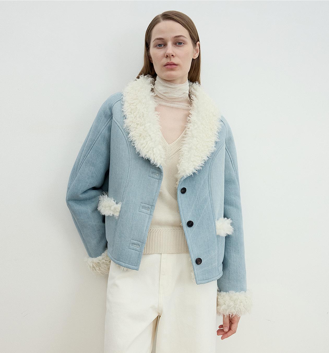 "Pure Era" imported high-quality lamb contrast color fruit collar short wool fur coat-5