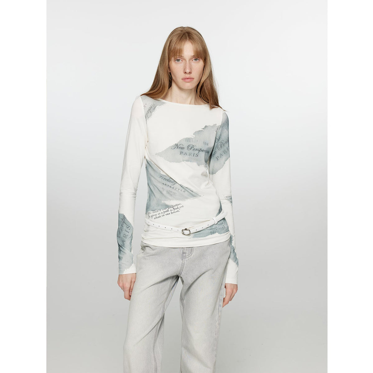 "Letter from Morning and Evening" Silk Cotton Blended/Original Printed One-line Collar Long Sleeve T-Shirt Women's Fitted Top Spring-5