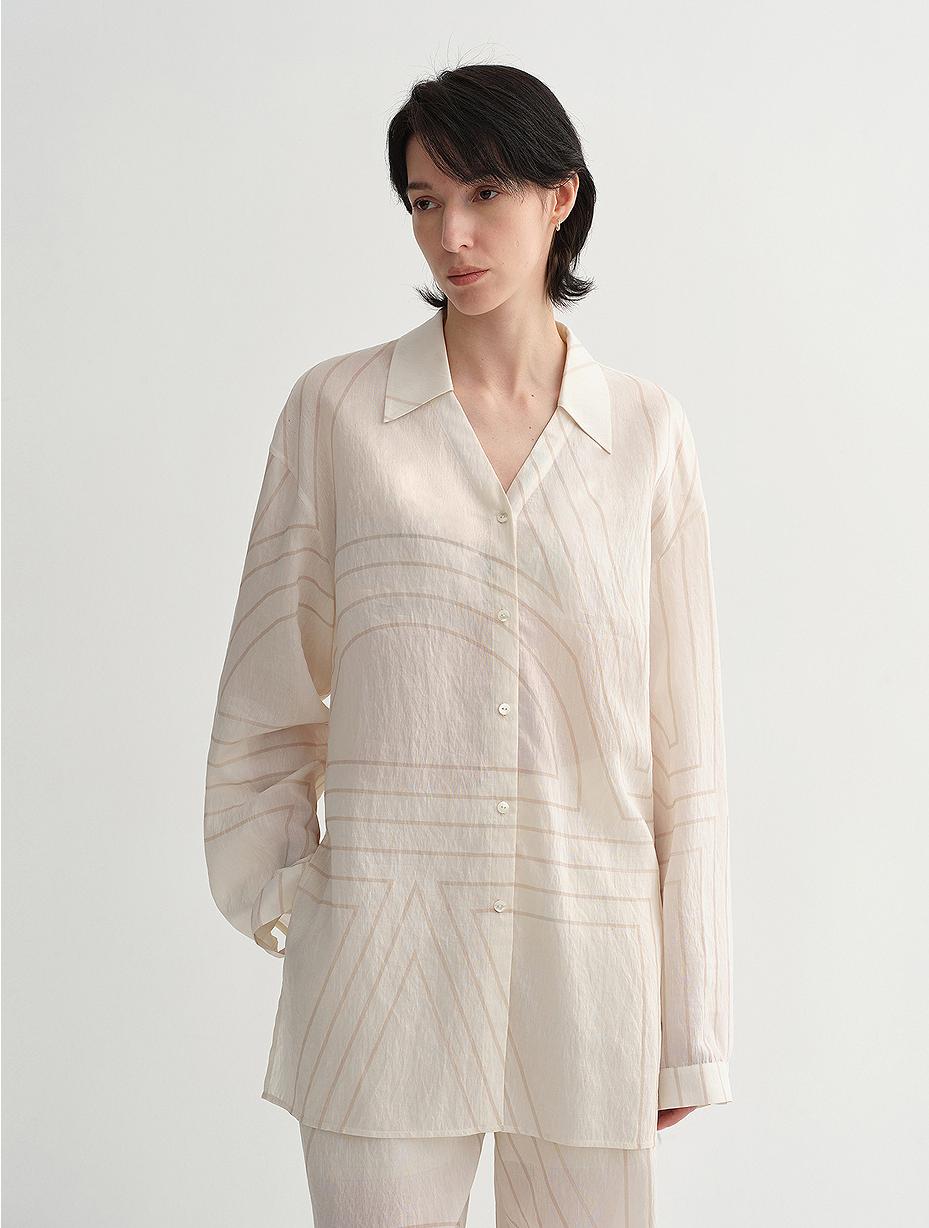 Linen original art stripe print classic lapel small V-neck design breathable blouse shirt suit for women-4