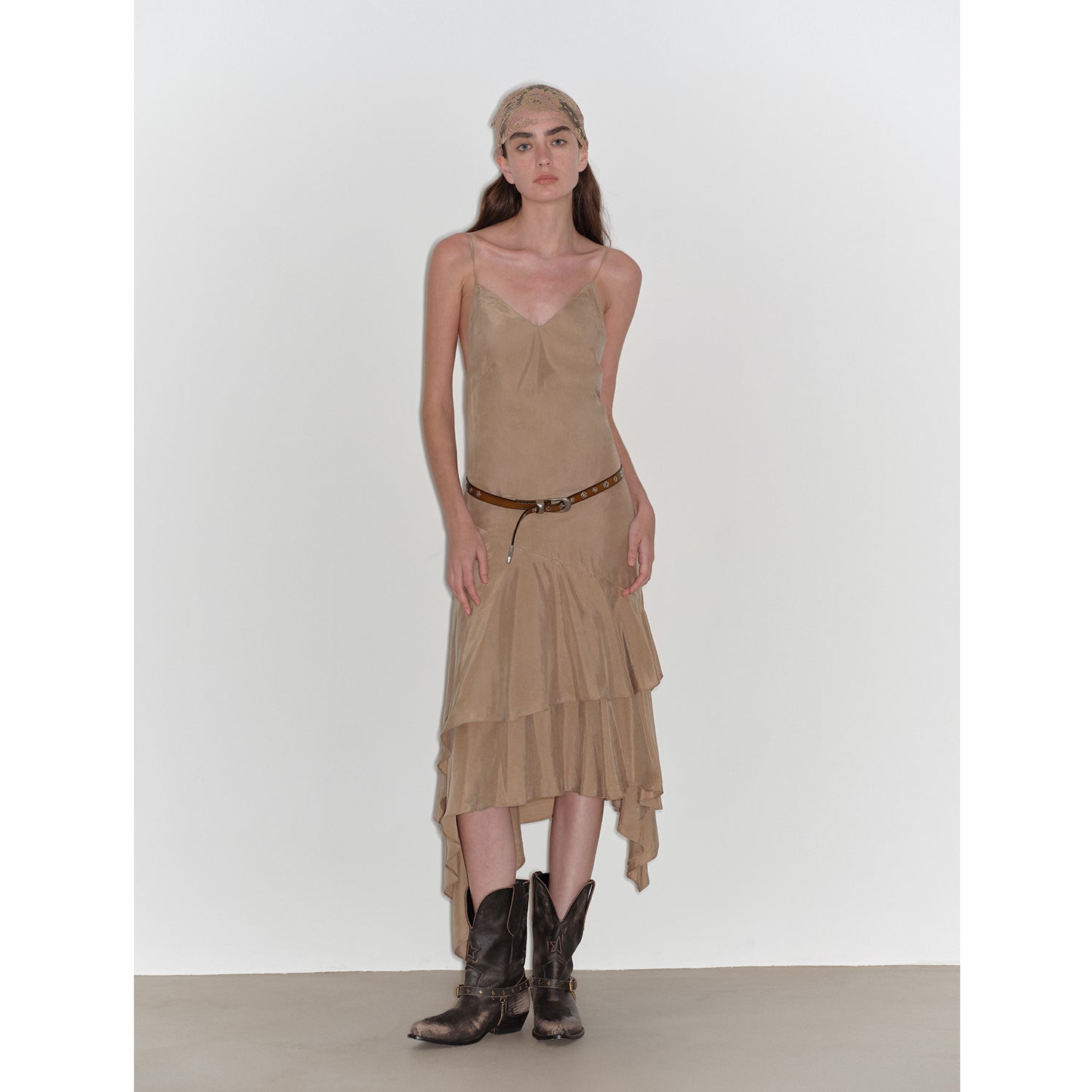 "Heart-beating Invitation" Lazy copper-ammonia rayon V-neck irregular adjustable mid-length suspender dress-4