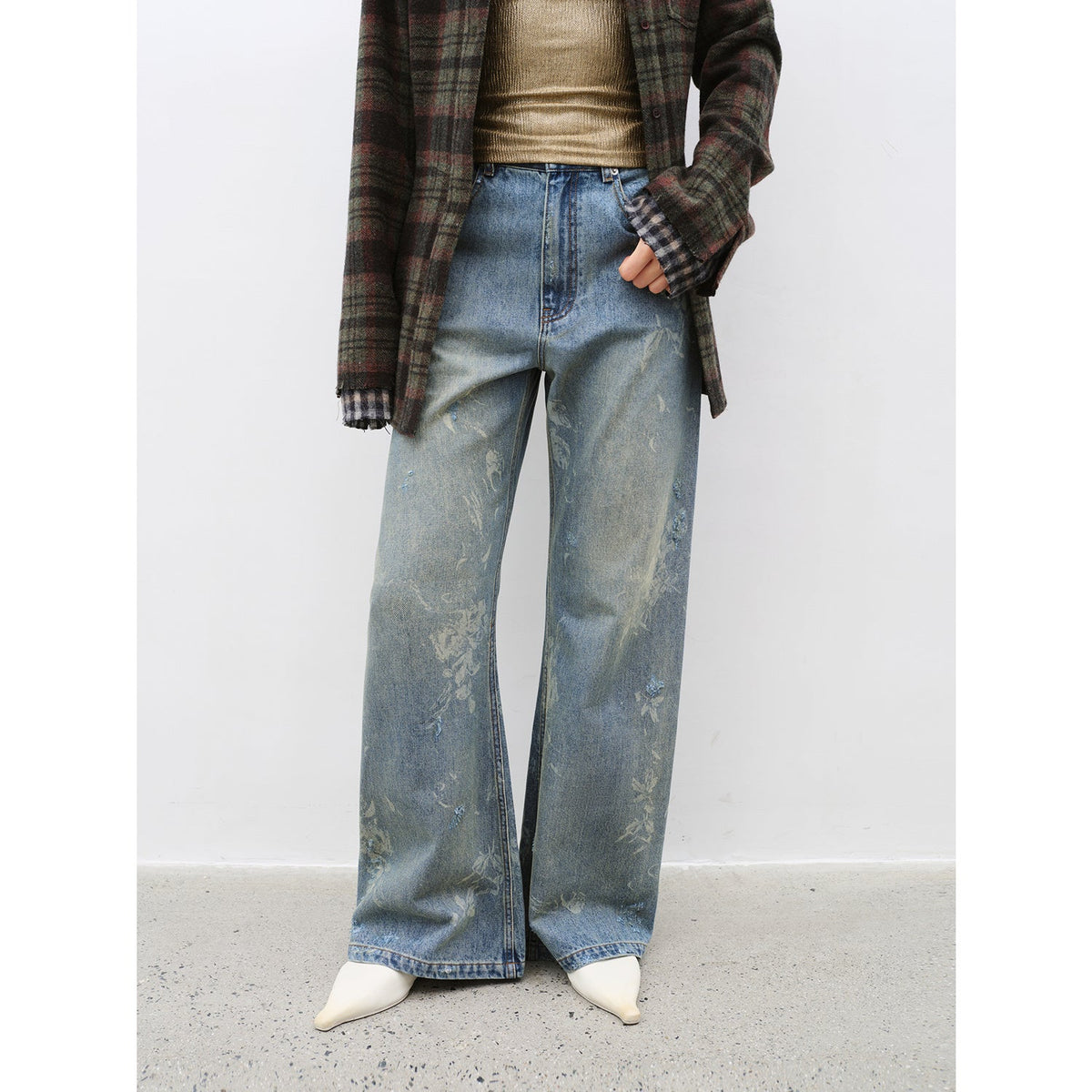 "Denim Shadow"retro washed printed layered casual slimming cotton bootcut jeans-1