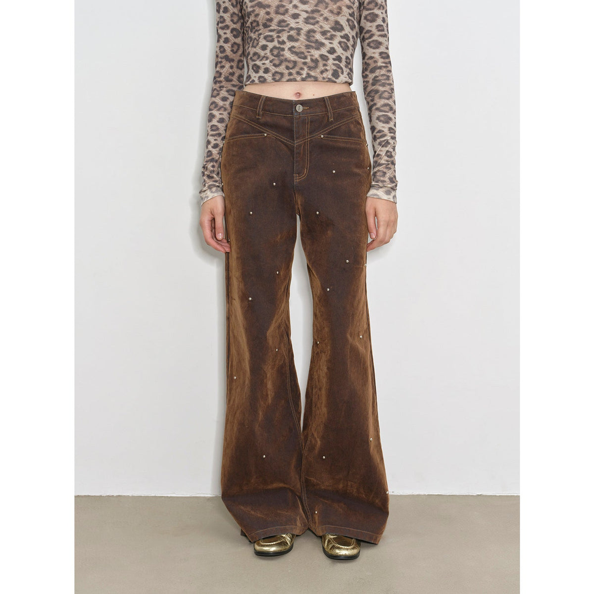 "Black Coffee" Fashionable Retro Casual Flocked Rivets Soft Layered Mid-Low Rise Jeans-1