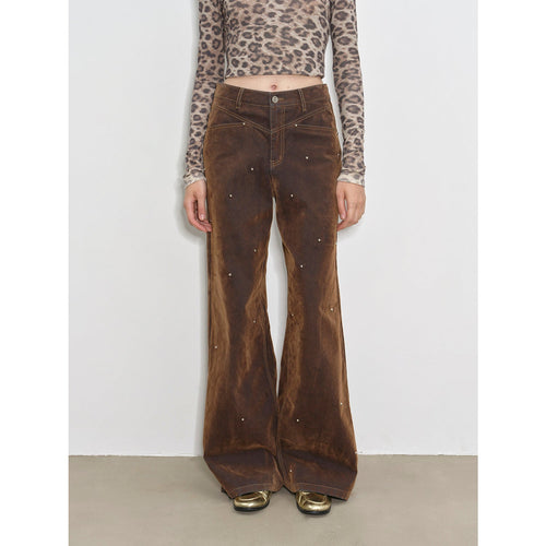"Black Coffee" Fashionable Retro Casual Flocked Rivets Soft Layered Mid-Low Rise Jeans-1