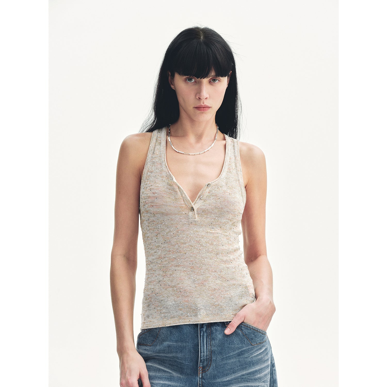 "Summer Night Starry Sky" Cotton and Linen Blended Henley Collar Beaded Vest Summer-5