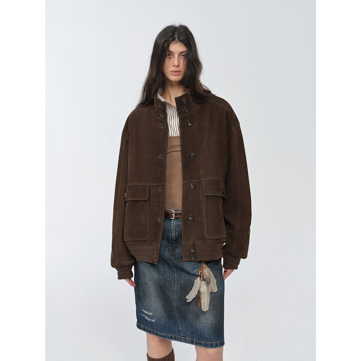 "Spring Whisper" Vintage imported suede sheepskin leather ribbed patchwork jacket-5