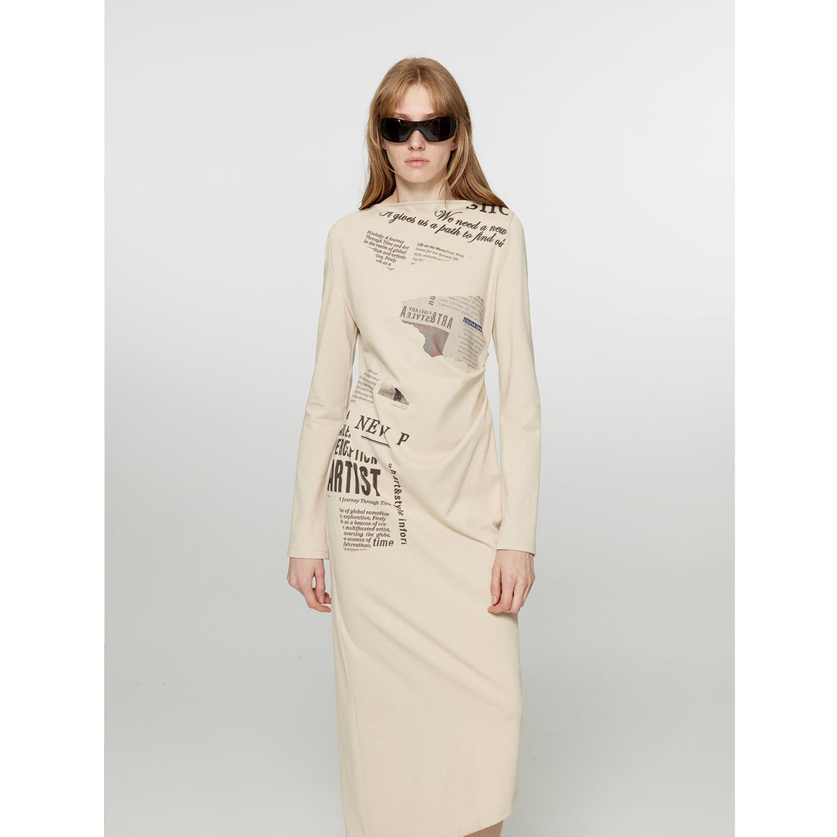 "Style in the City" Original Printed One-shoulder Bias-cut Dress Women's Pleated Waist Slimming Long Dress Spring-0