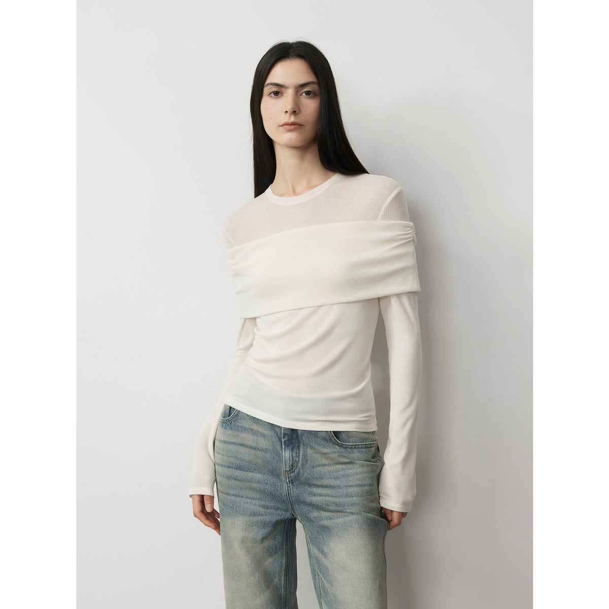 "Modern Tricks" personalized layered Tencel wool fake two-piece splicing one-shoulder versatile knitted top-4