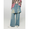 "Fashionable Sniper" Tencel blended fake two-piece stitching jeans women's ripped raw edge straight wide-leg pants-1