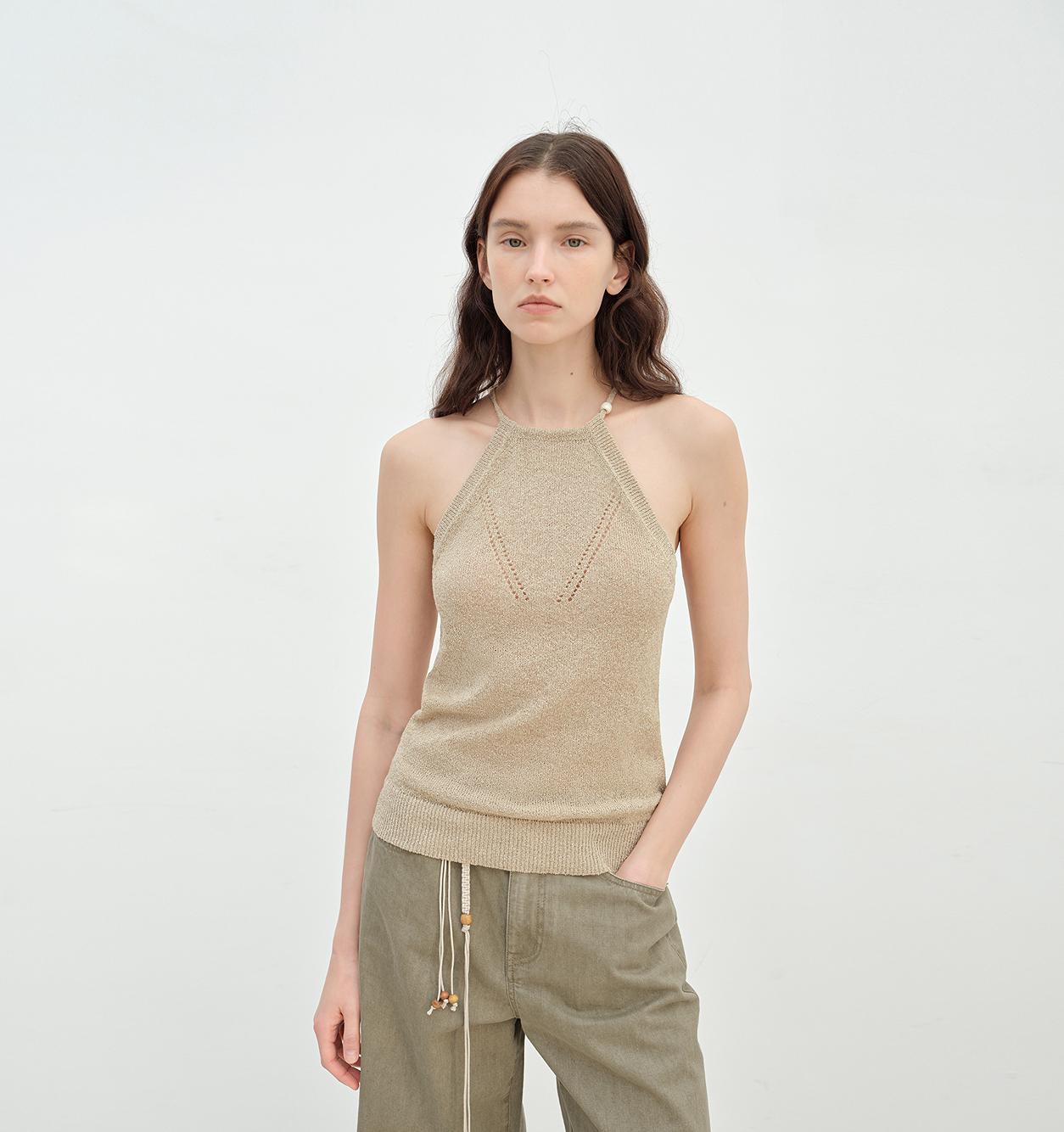 "Moussaka" wooden beaded lace-up halterneck knitted vest-4