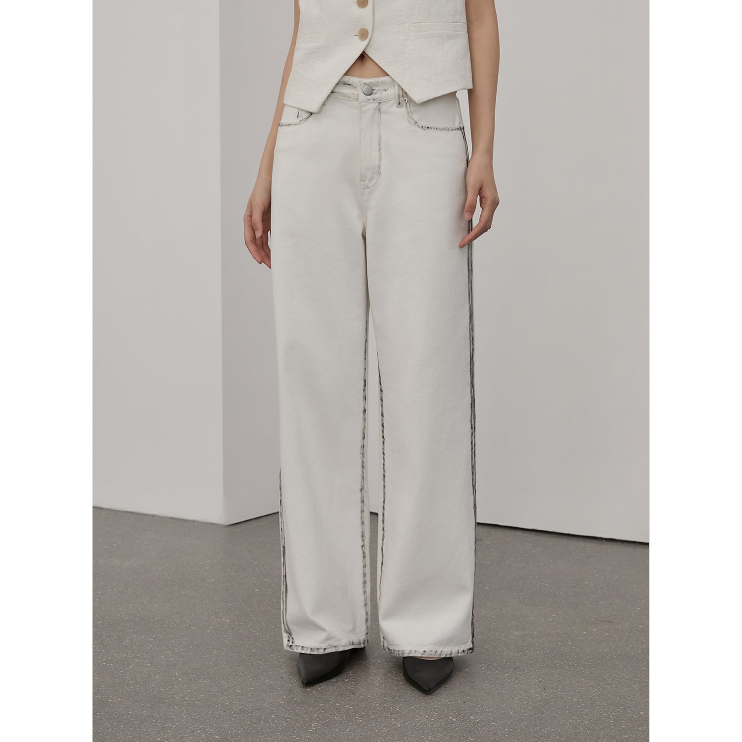 Beyond the Clouds White Loose-fitting Brush the edges Wide-leg Pants-4