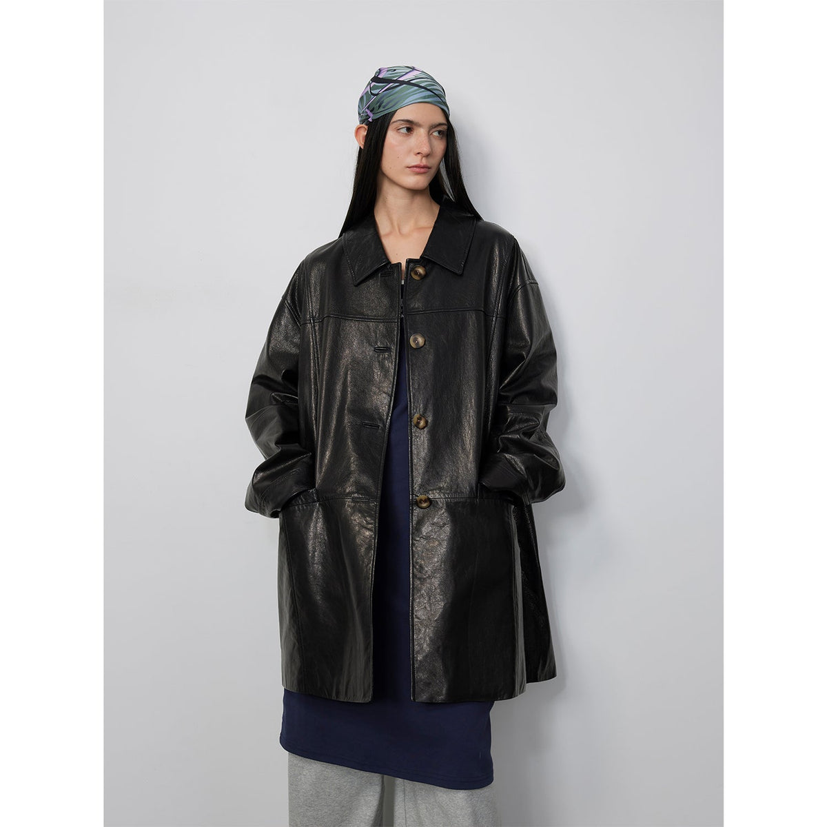 Notting Hill Diary Limited Edition Waxed Goat Leather/Retro Casual Lapel Mid-Length Leather Jacket-5