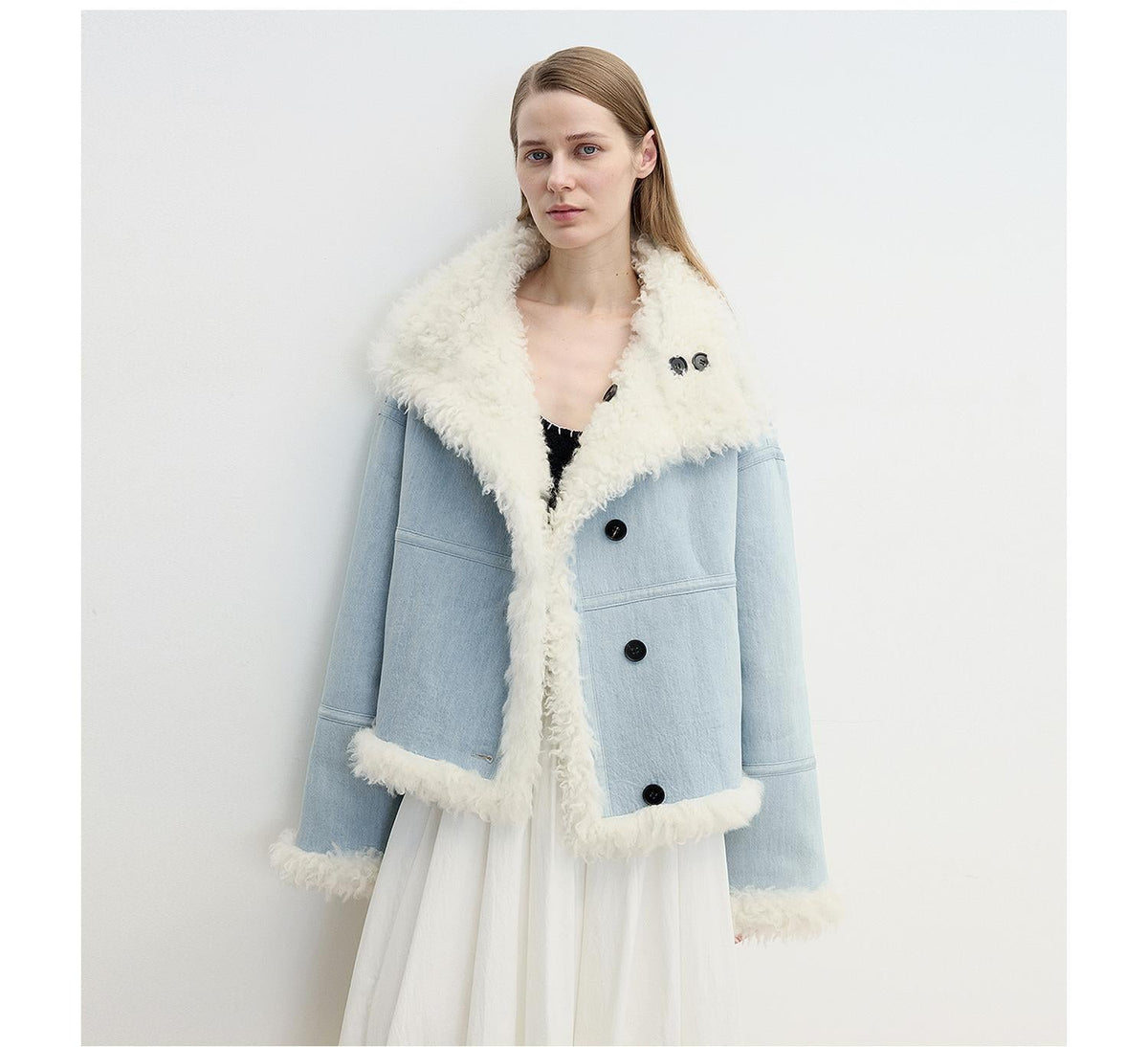 "Mint Glacier"Flip Collar Reversible Shearling Denim Wool Jacket-0
