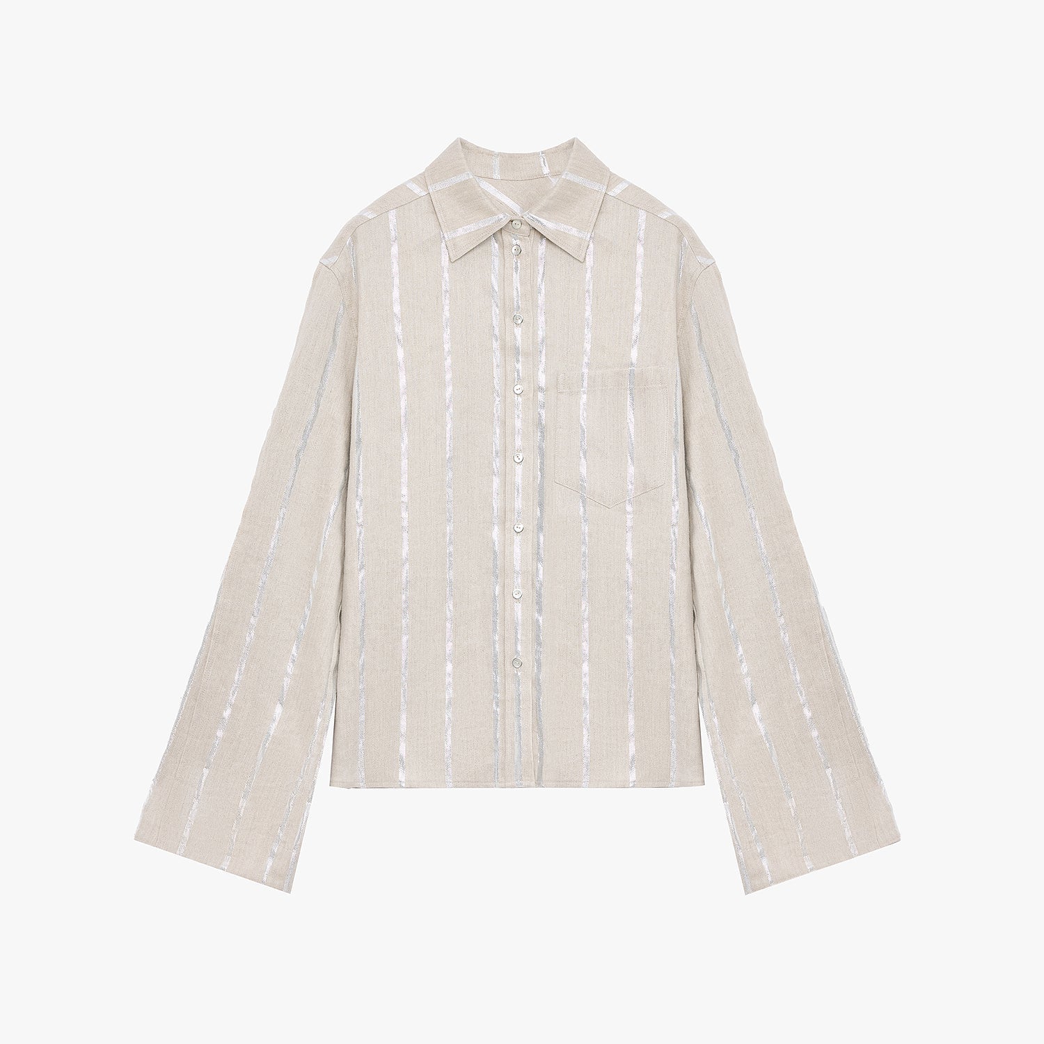 "Anonymous Letter" Silver Stripe Trumpet Sleeve Linen Cropped Shirt-5