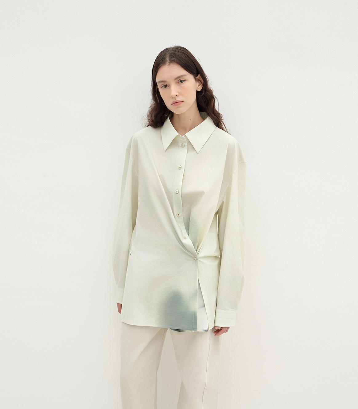 "Green Time" lapel side slit two-wear cotton printed shirt-5