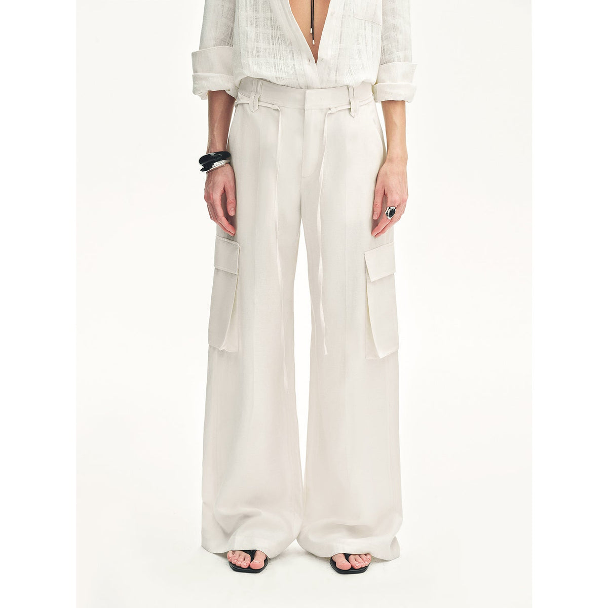"Rhythm in the Same Frequency" Tencel linen workwear style wide-leg casual pants-1