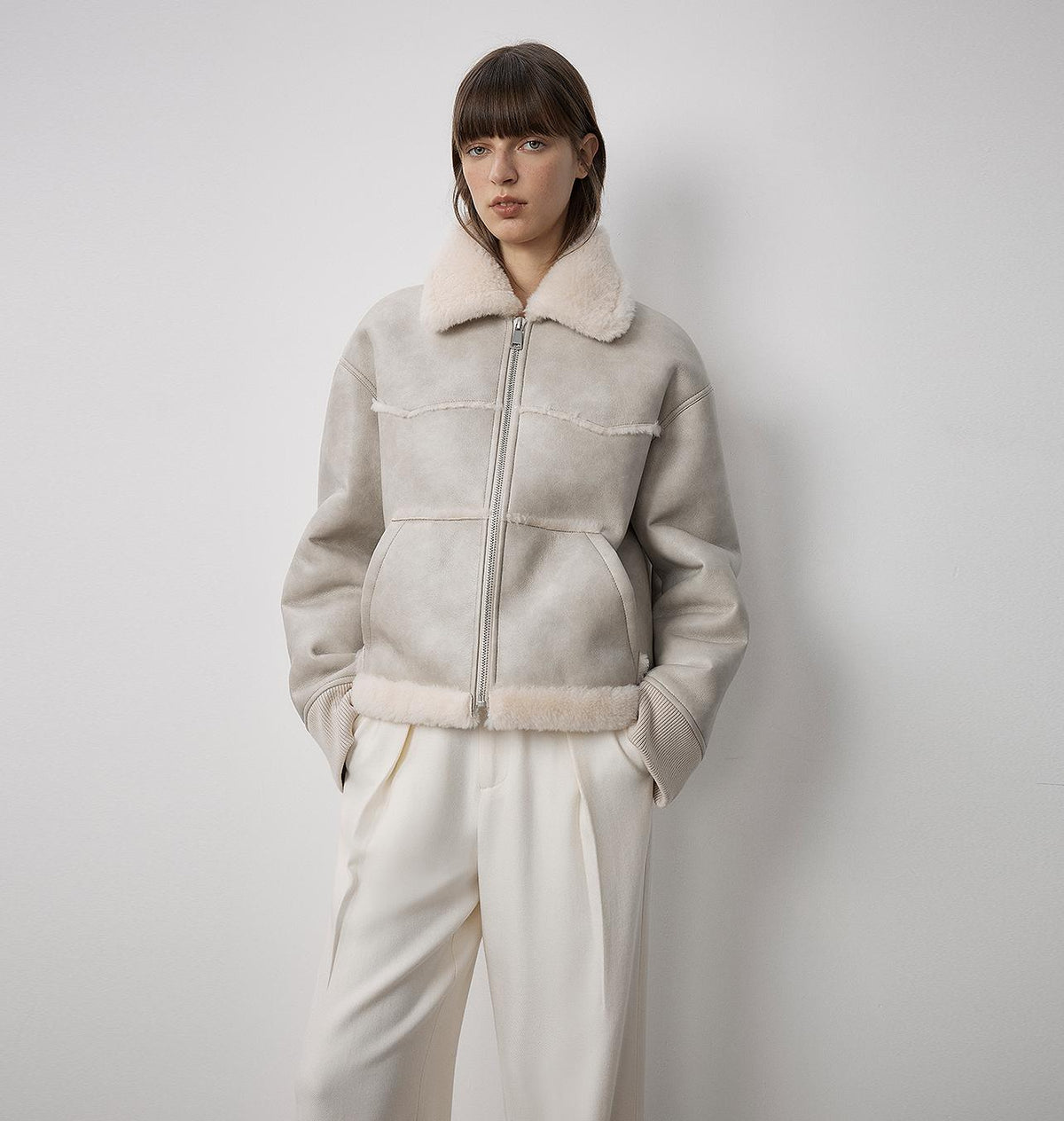 "Makino's Fun" Lapel Wool Artificial Compound Leather Short Style Shearling Jacket-1