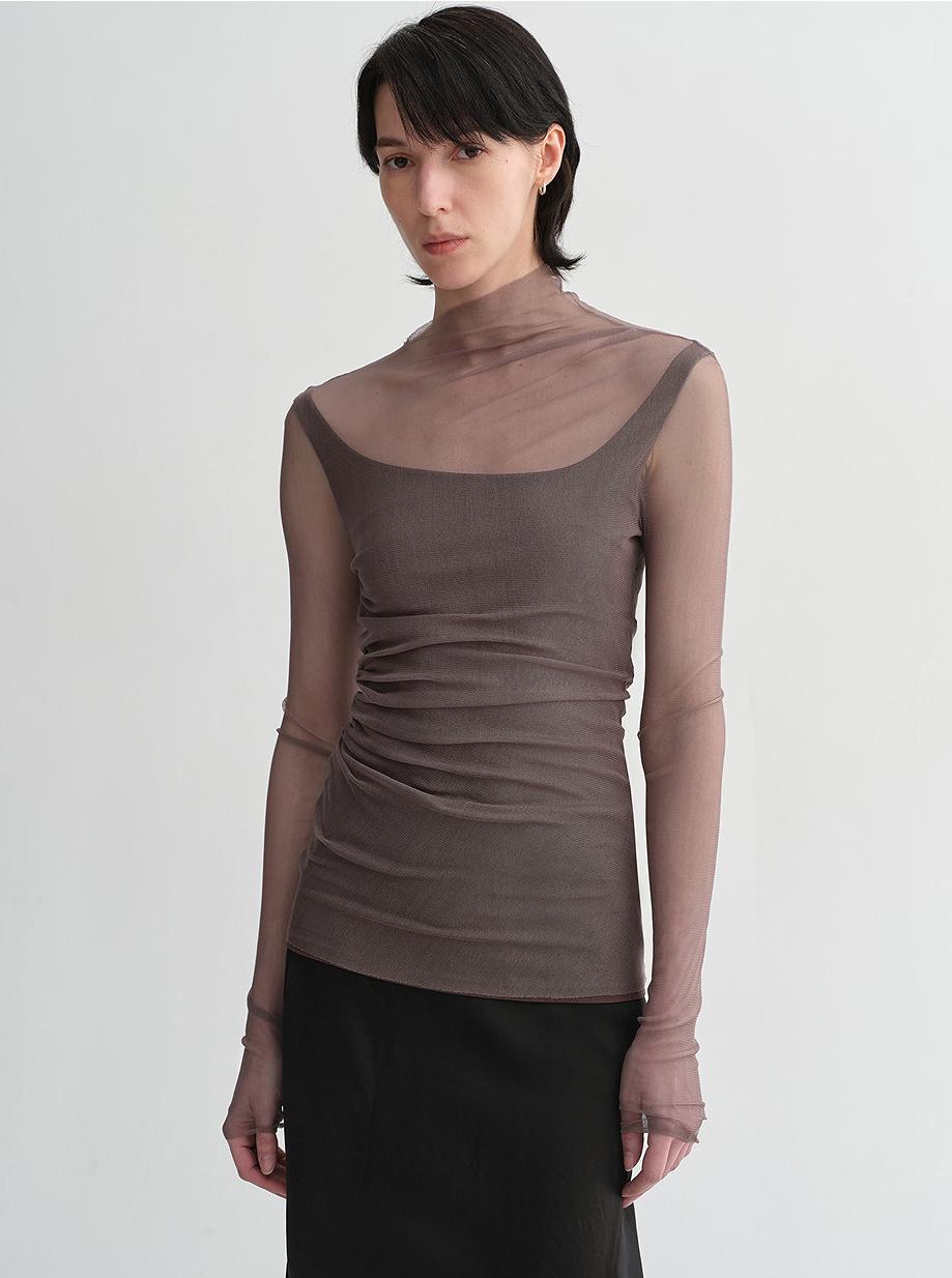 Double-layer transparent oblique collar pinched pleat half-high collar slim fit fake two-piece knitted T-shirt tops for women-6