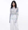 Smudge-printed mesh slightly see-through long-sleeved T-shirt for women-1