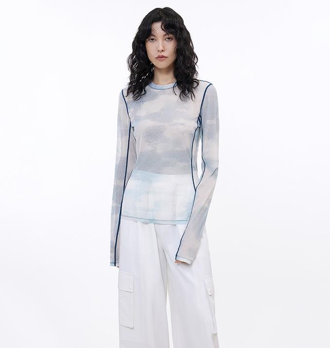 Smudge-printed mesh slightly see-through long-sleeved T-shirt for women-1