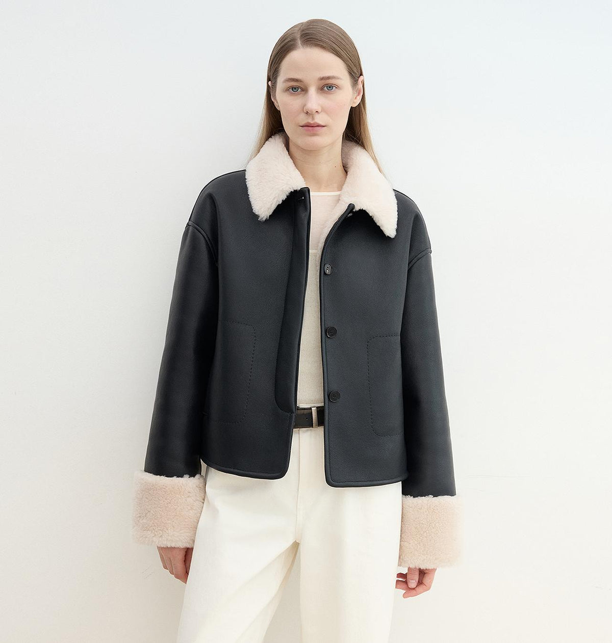 Slightly Sweet Latte Second Generation Furry Lapel Casual Straight Shorn Shearling Jacket-5
