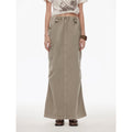 "Dune Fantasy" Wasteland Style Washed Drawstring Elastic Low Rise Straight Workwear Denim Skirt-1