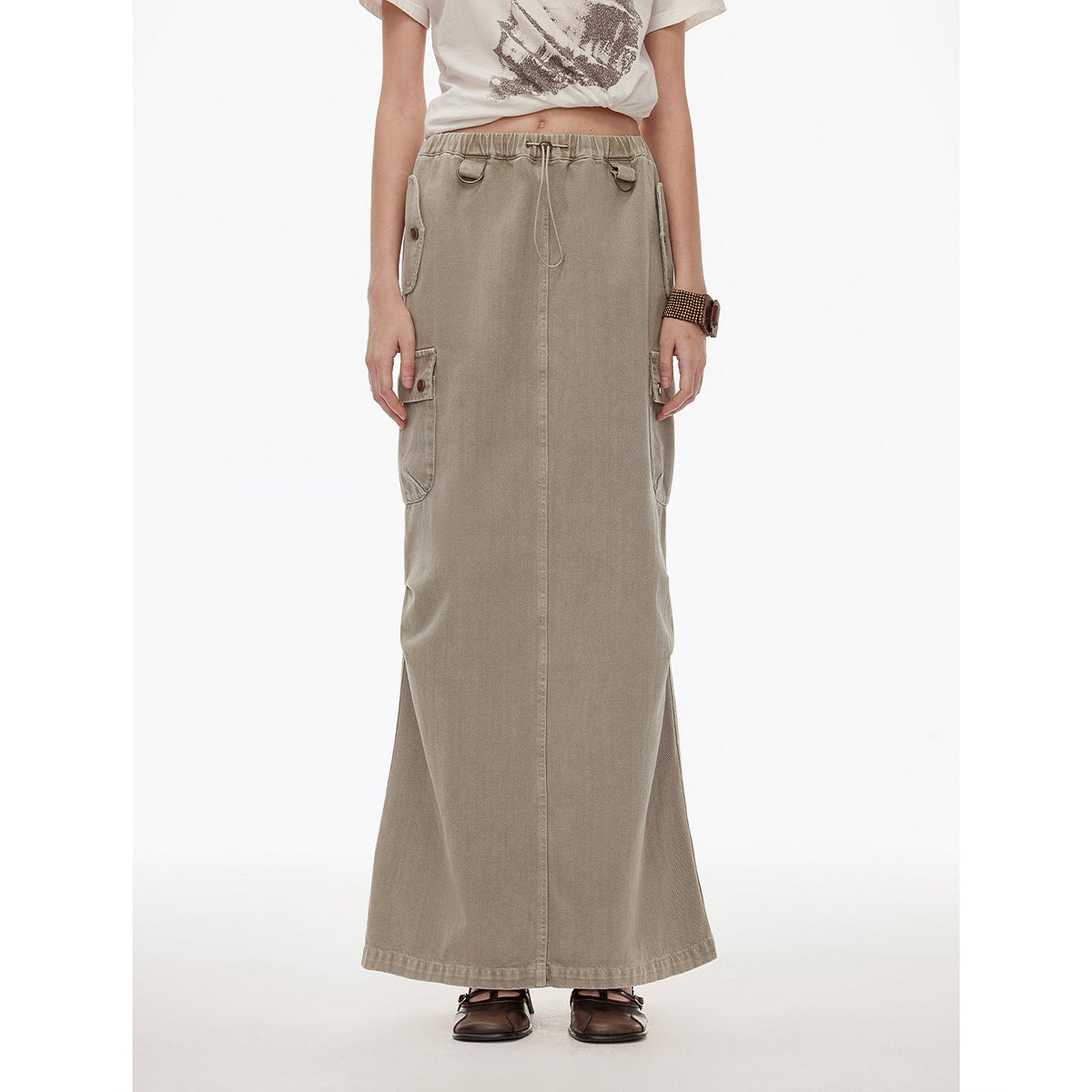 "Dune Fantasy" Wasteland Style Washed Drawstring Elastic Low Rise Straight Workwear Denim Skirt-1