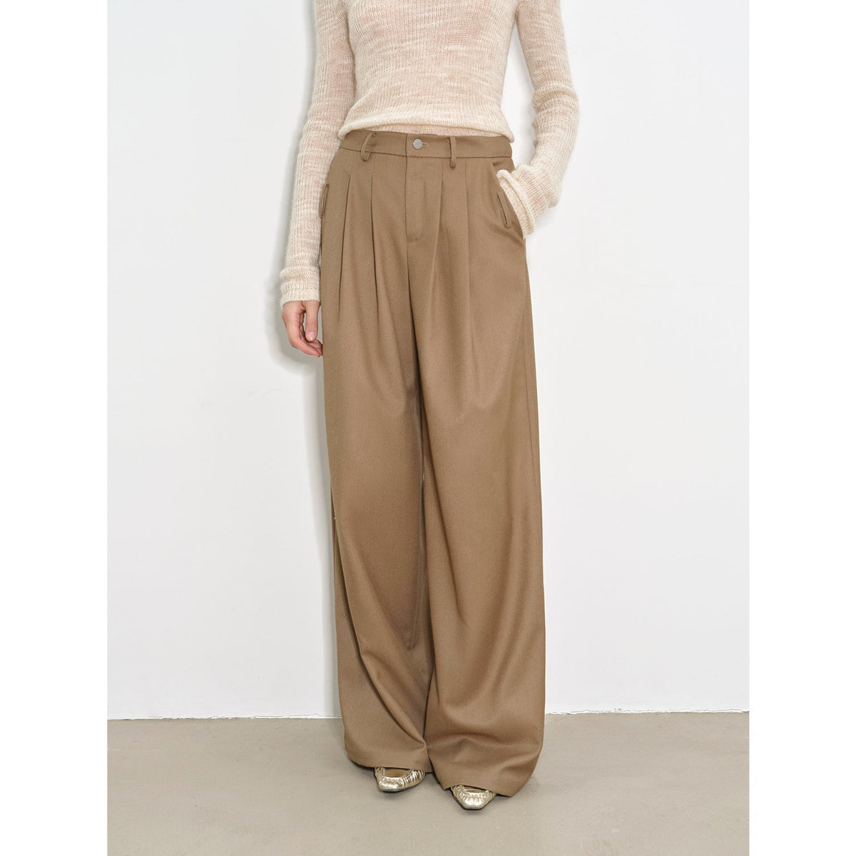 "Workplace Ladies" Fashionable drapey single pleat skinny wide-leg mid-low waist casual pants for women-6