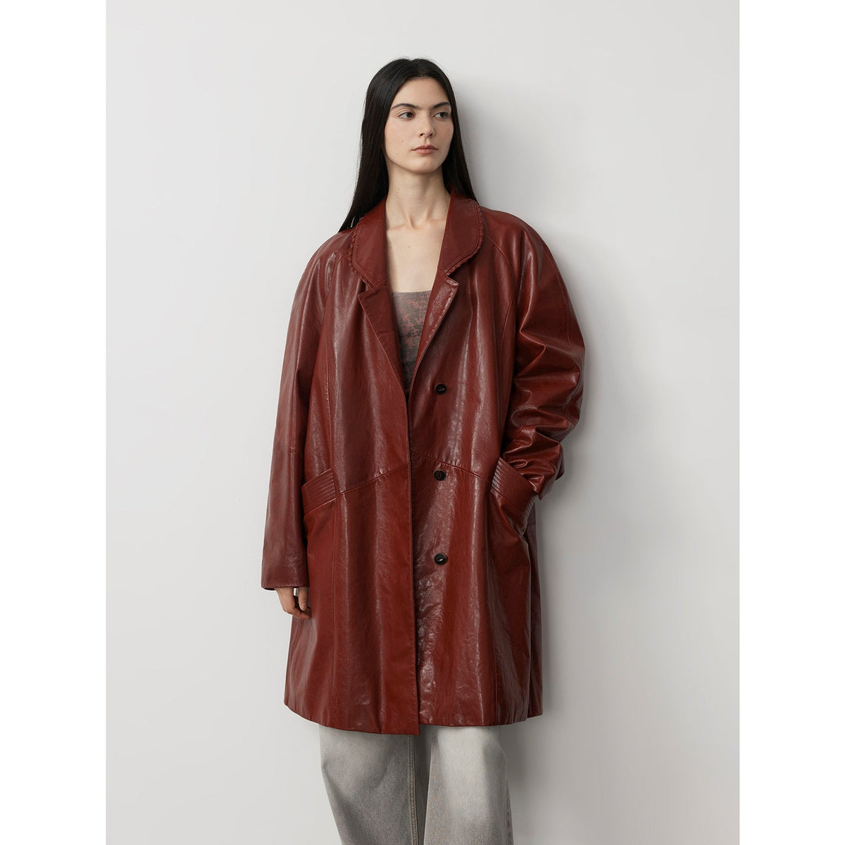 Sonorous Rose vintage imported oil waxed goatskin long trench coat-2