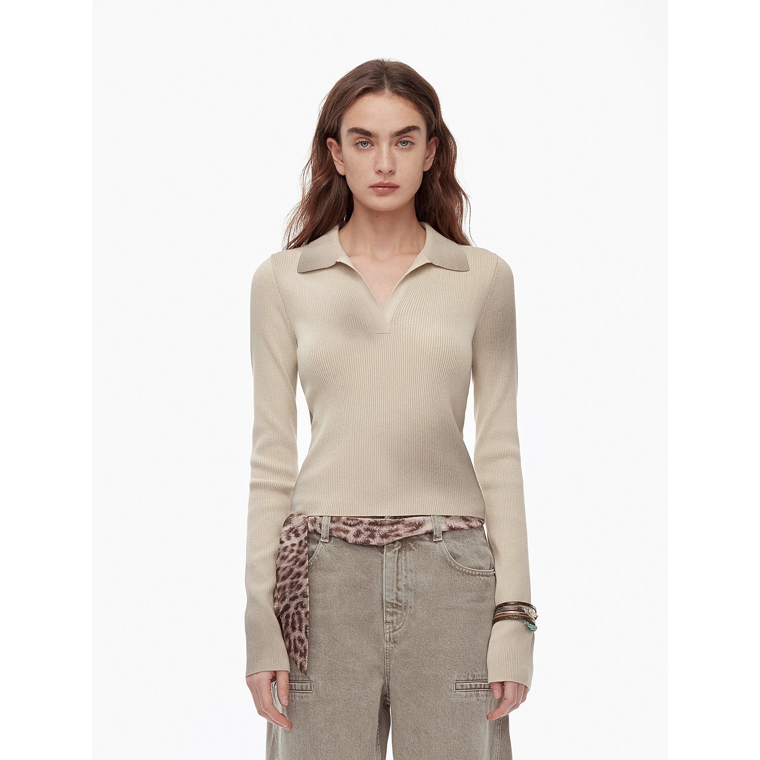 "Artistic Abstract" sfumato distressed printed merino wool waisted polo collar long sleeve short knit sweater-6