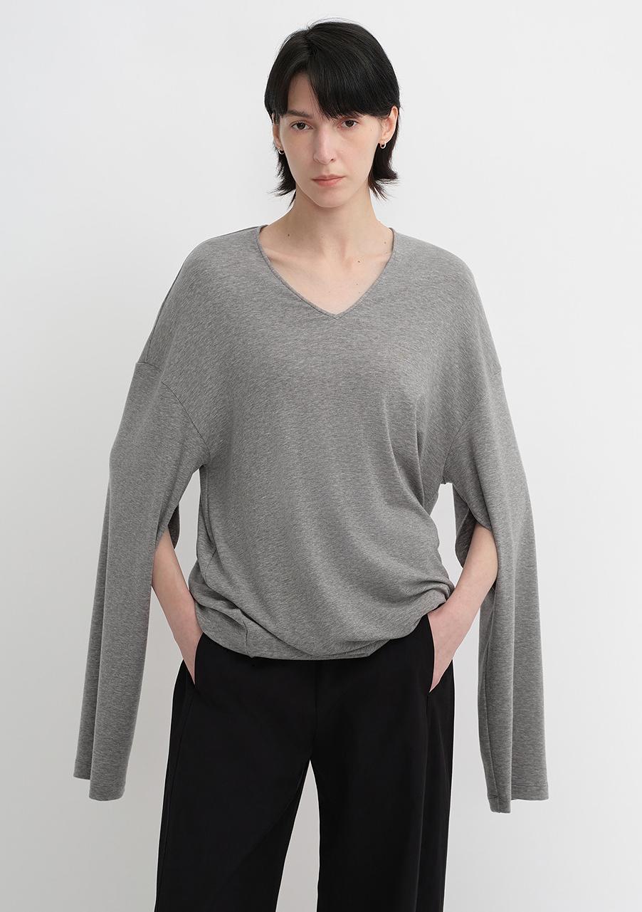 Machine washable Tencel wool V-neck two-wear elastic hem T-shirt bottoming shirt-6