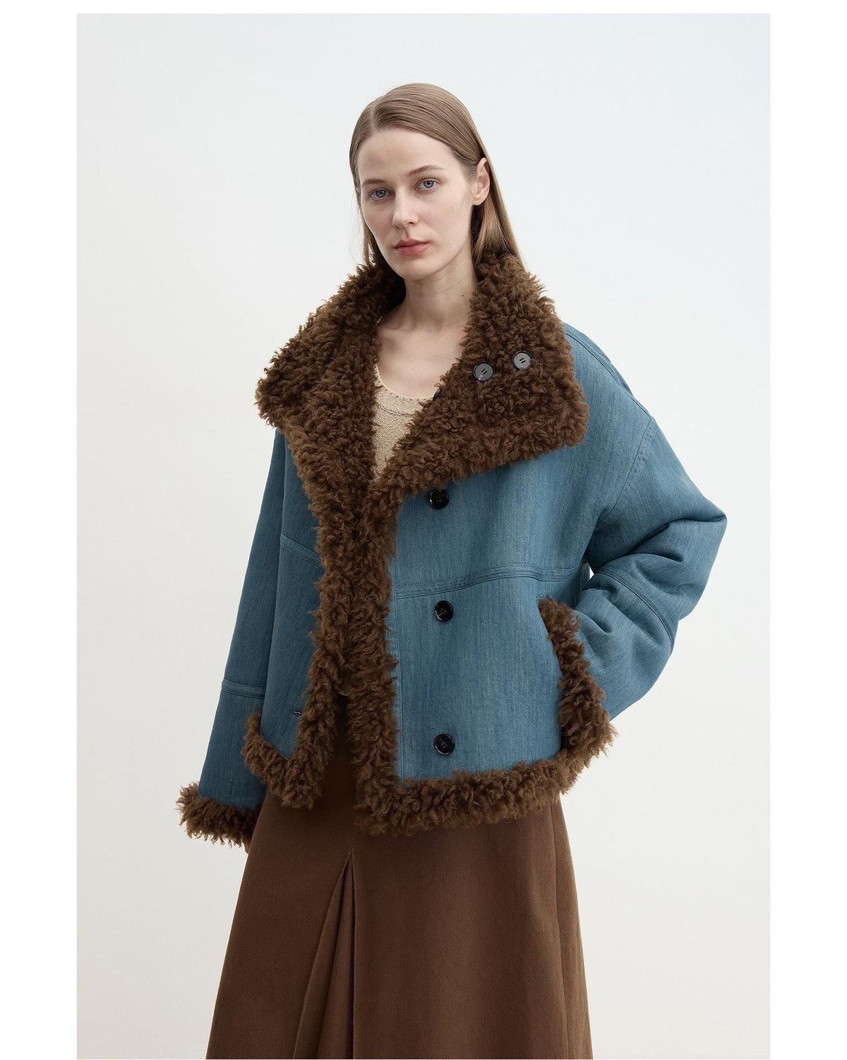 "Mint Glacier"Flip Collar Reversible Shearling Denim Wool Jacket-1