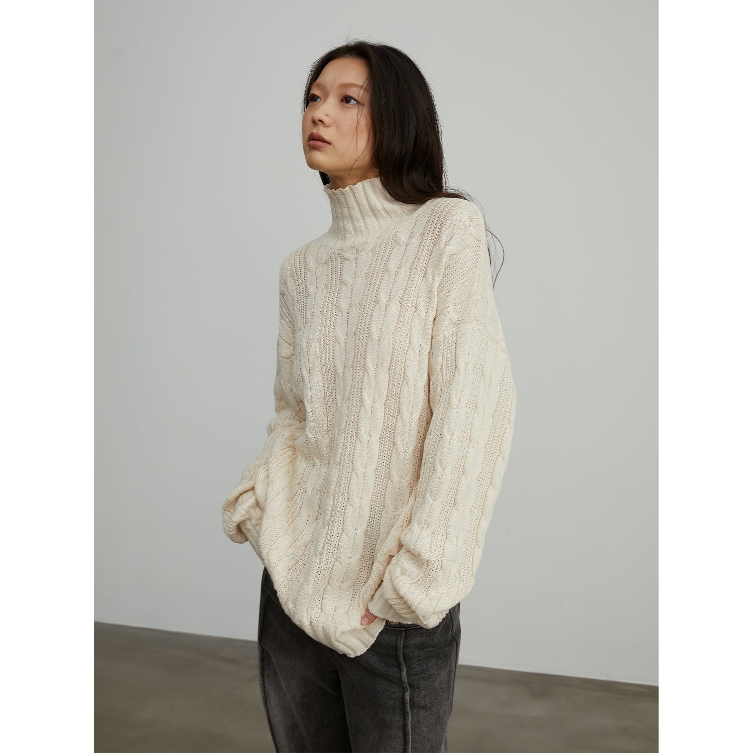 "Warm-Embrace Jacquard"Loose slimming straight high collar fashion top 100% cotton women's winter-1