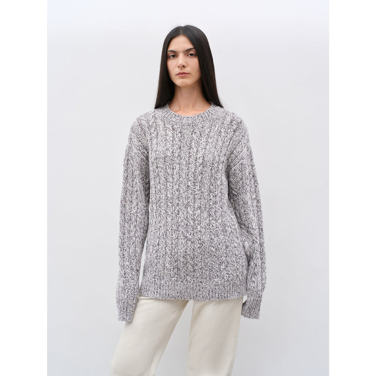"Thousand Islands Forest Club" Cable-cut Round Neck Wool Blend Slightly Wide Shoulder Sweater-1