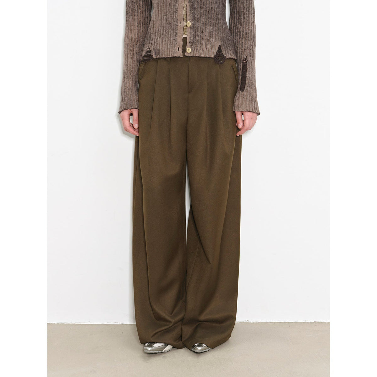 "Workplace Ladies" Fashionable drapey single pleat skinny wide-leg mid-low waist casual pants for women-5