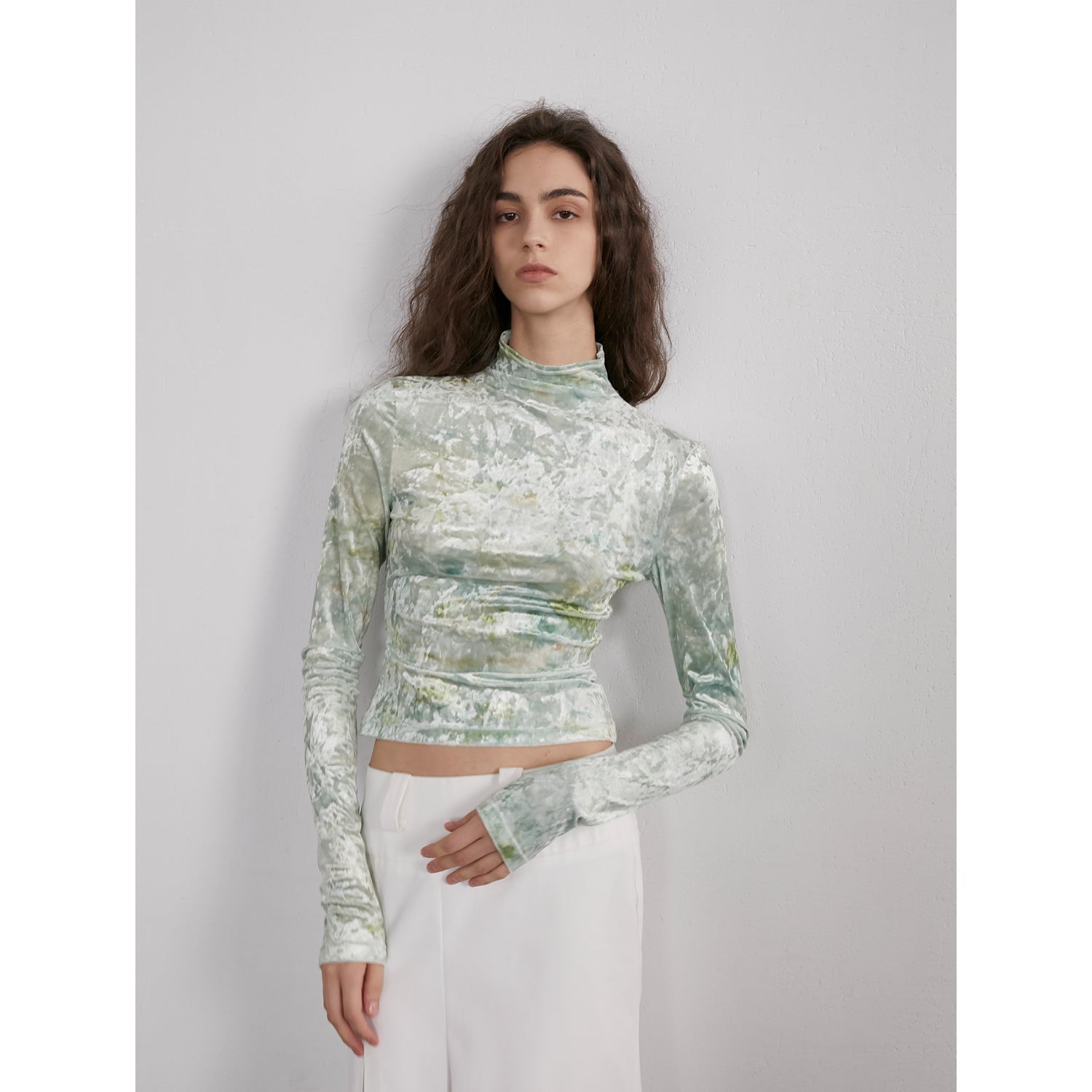 "Warm Sugar Latte" Smudge Print Velvet Long Sleeve Bottoming Shirt Women's Half Turtleneck T-shirt-5