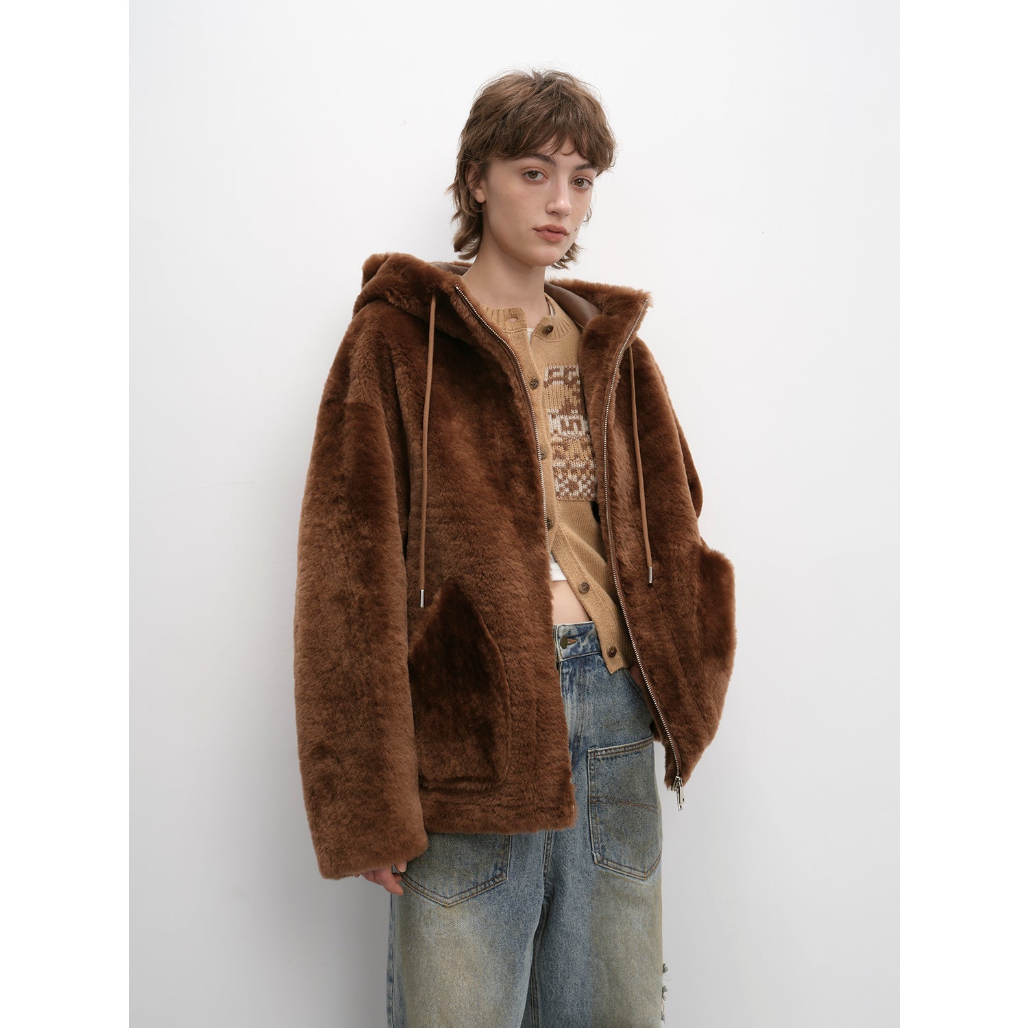 "Otaru Snow" casual hooded silhouette dropped shoulder merino wool sheepskin fur coat for women-6