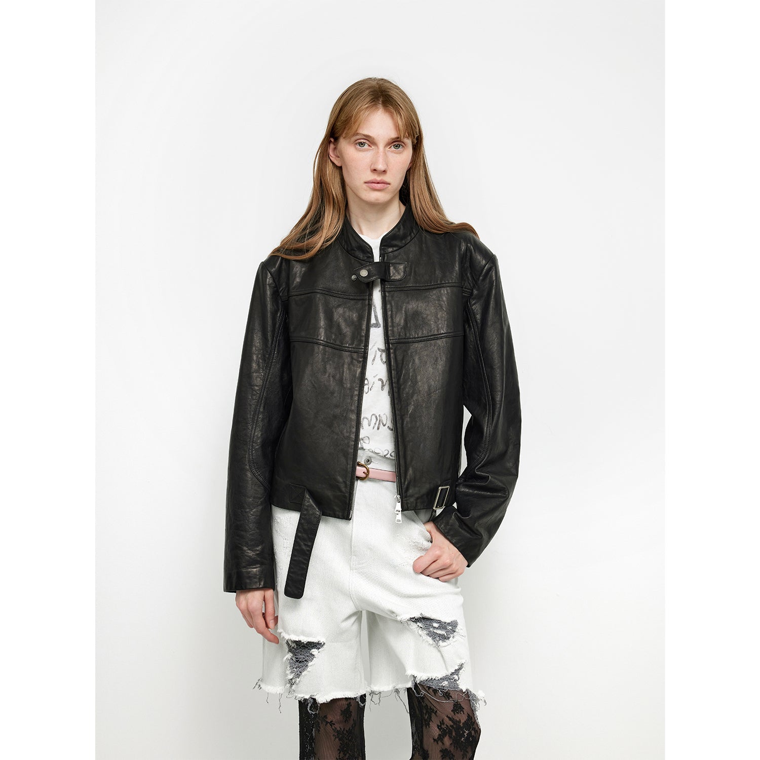 Caramel Mountain Retro Leather Stand Collar Short Motorcycle Jacket-6