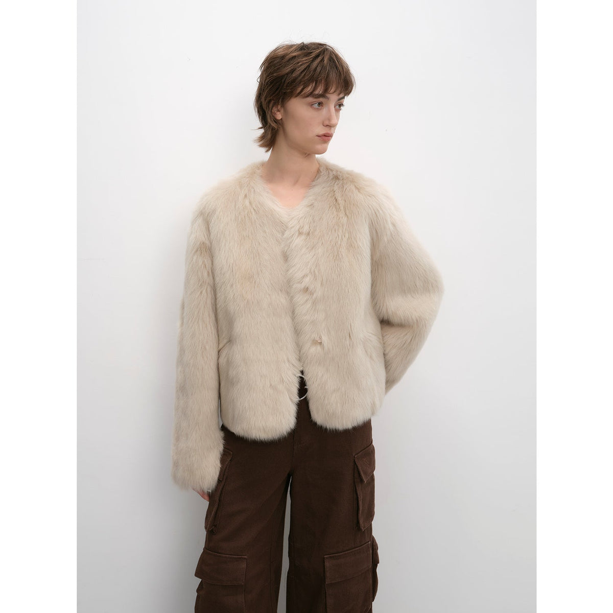 "Darcy Manor" imported Tuscan straight wool sheepskin sweetheart collar short fur coat-6