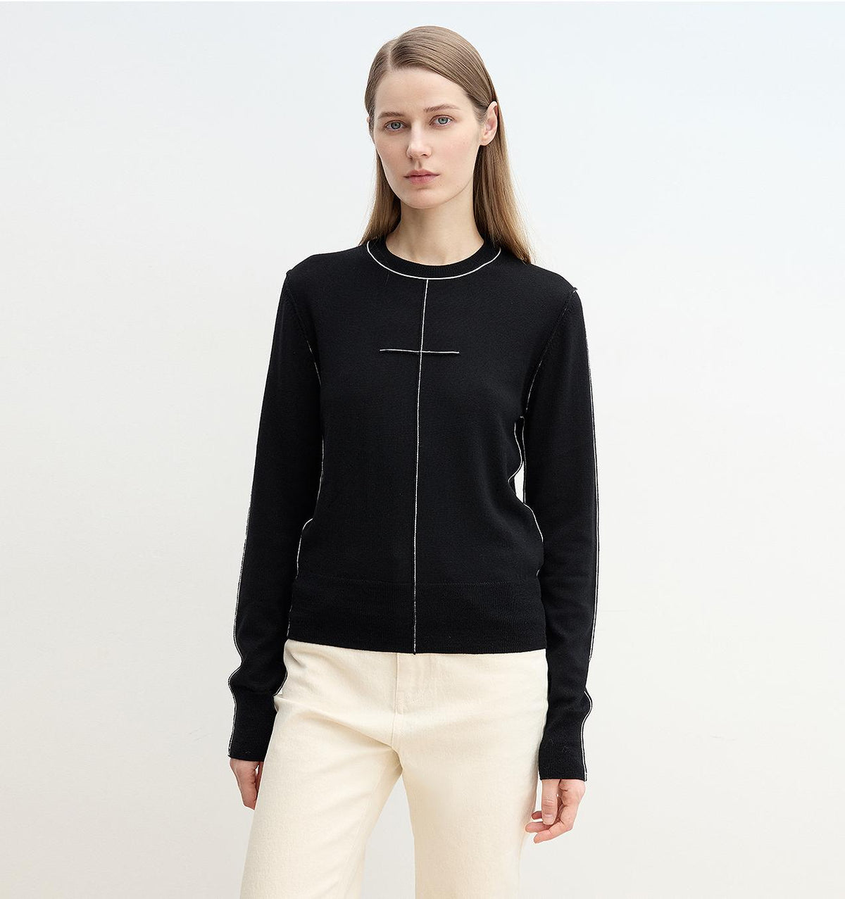 “Imbell"Imported Yangtze 30NM Contrast Stitch Wool Knit Skin-Friendly Short Top-5