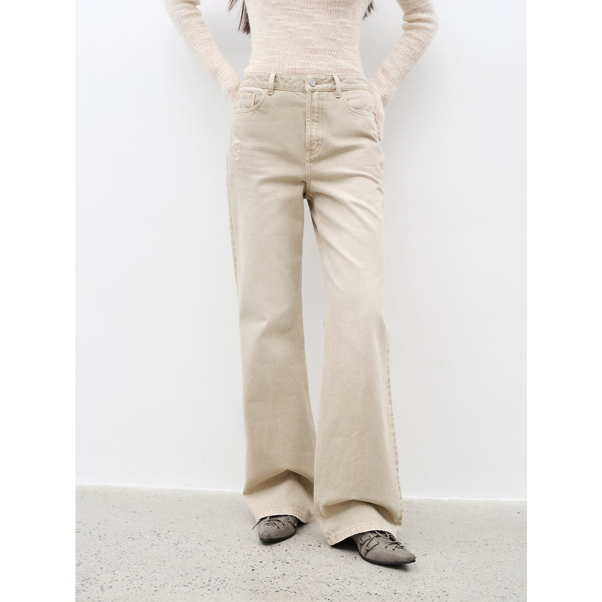 "Flare Mark" Retro all-season slim-fit versatile floor-length washed flared jeans-1