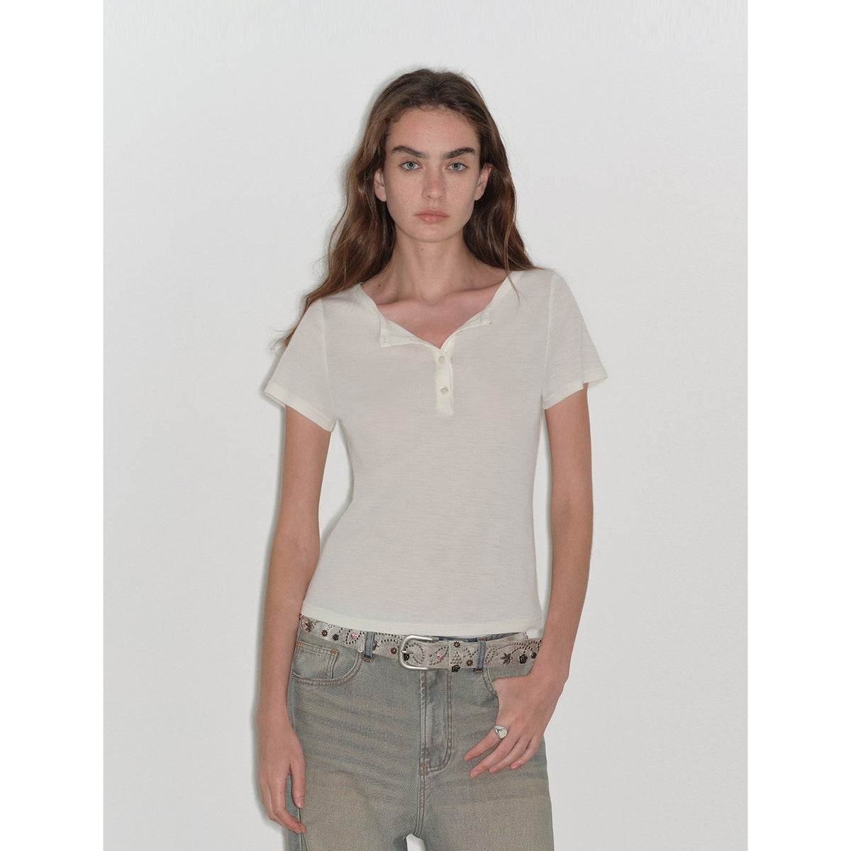 "Simple Advent" Fine Australian Wool Skin-Friendly Fit Henley Neck Tight T-Shirt-5