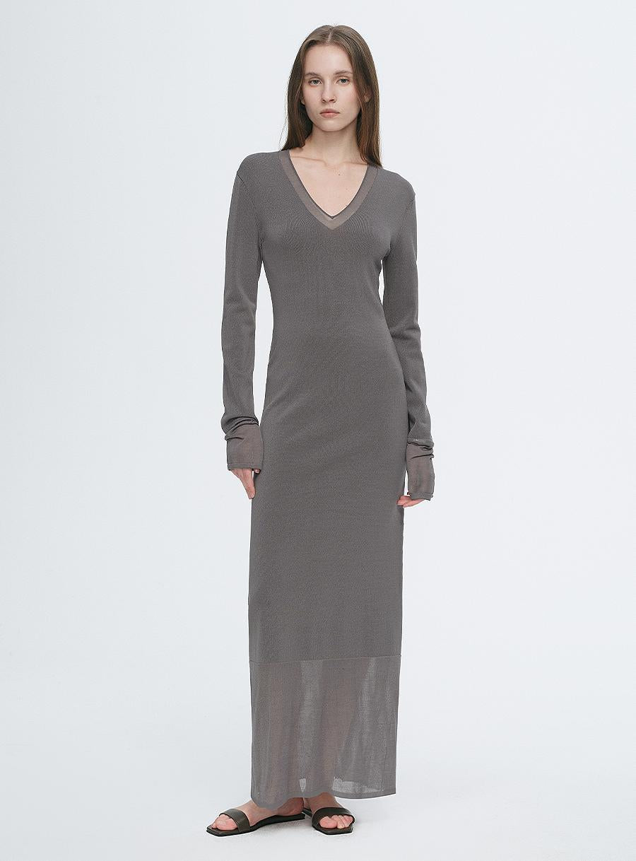 Elegant and intellectual triacetate Tencel blended skin-friendly transparent splicing design V-neck dress-5