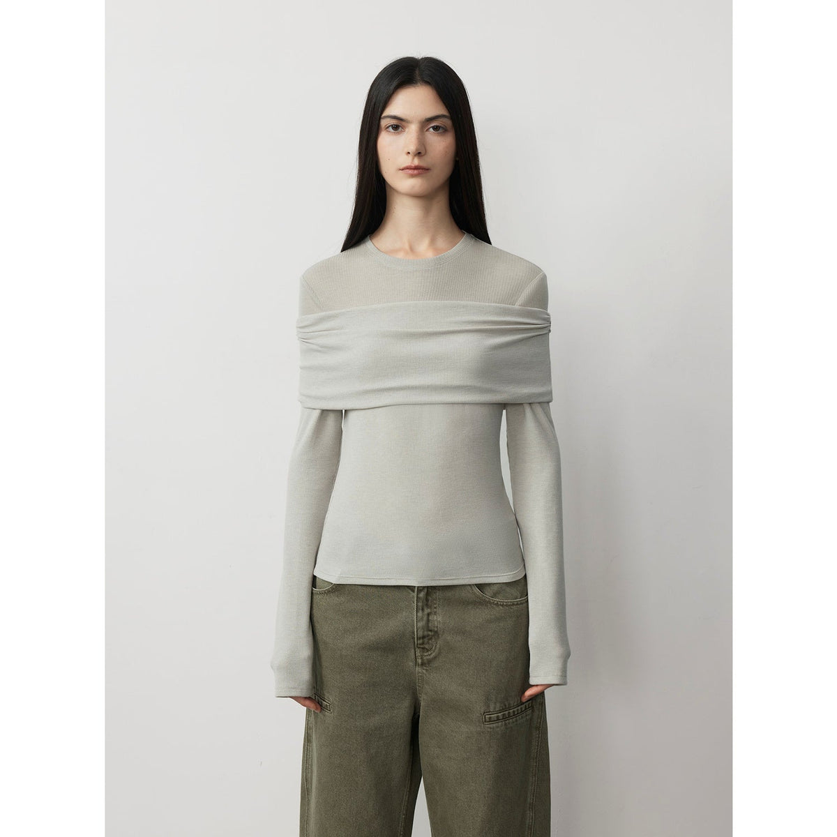 "Modern Tricks" personalized layered Tencel wool fake two-piece splicing one-shoulder versatile knitted top-7